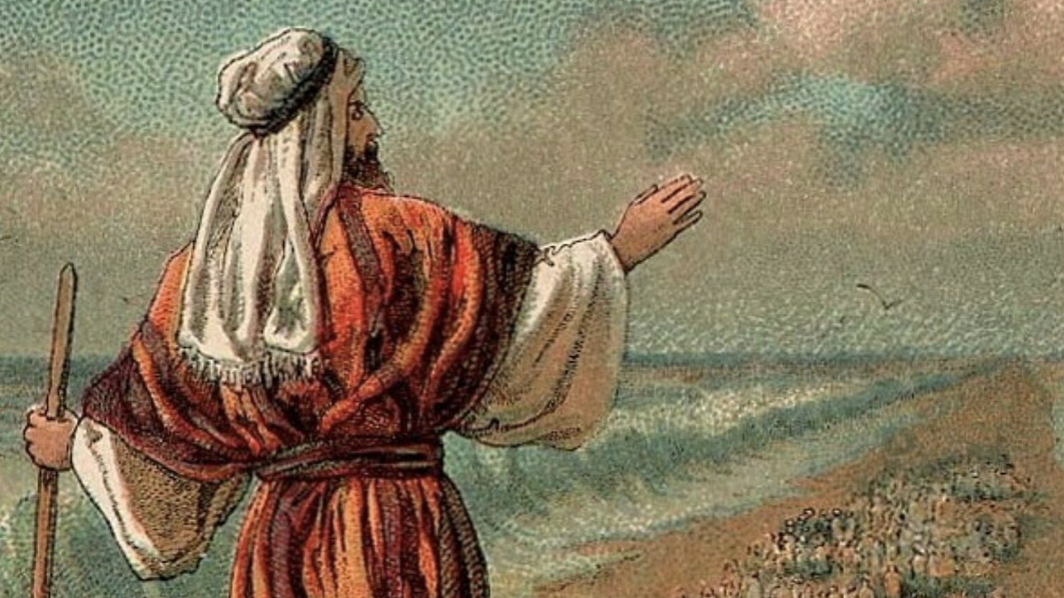 Moses holding his over the parted Red Sea as the Israelites pass through on dry ground.